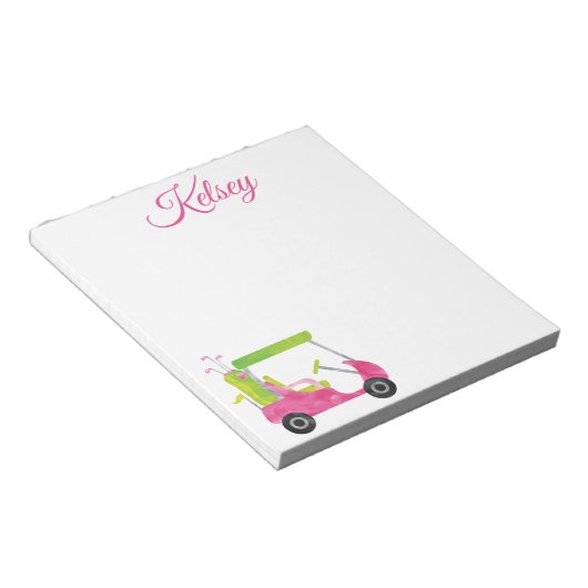 水彩ピンクゴルフカートのメモパーソナライズされた帳 ノートパッド (アングル)