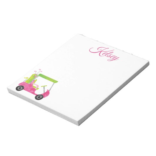 水彩ピンクゴルフカートのメモパーソナライズされた帳 ノートパッド (回転)