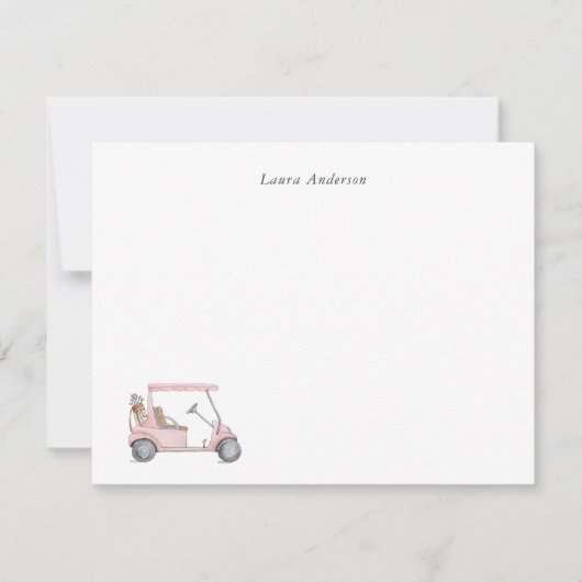 水彩ピンクゴルフカート，ゴルファーパーソナライズされた サンキューカード (正面)