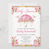 水彩ピンクゴールドスプリング傘ベビーシャワー 招待状 (正面)