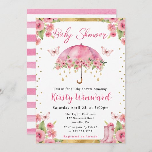 水彩ピンクゴールドスプリング傘ベビーシャワー 招待状 (正面/裏面)
