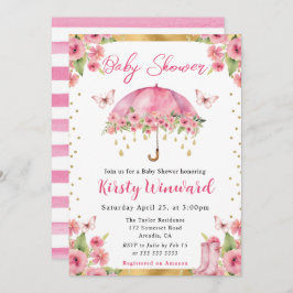 水彩ピンクゴールドスプリング傘ベビーシャワー 招待状