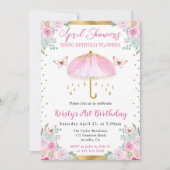 水彩ピンクゴールドスプリング傘 21歳の誕生日 招待状 (正面)