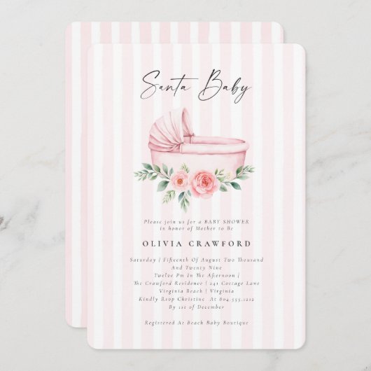 水彩ピンクサンタベビークリスマスベビーシャワー 招待状 (正面/裏面)