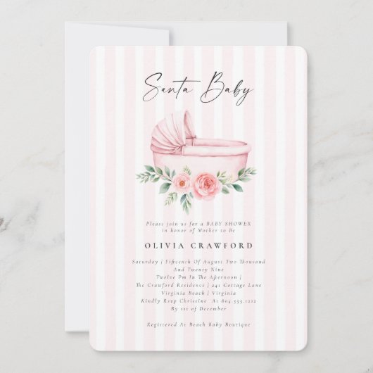 水彩ピンクサンタベビークリスマスベビーシャワー 招待状 (正面)