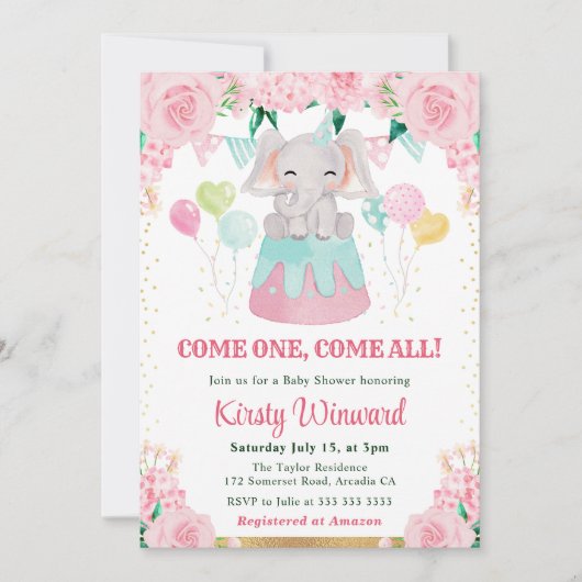 水彩ピンクサーカスエレファントベビーシャワー 招待状 (正面)
