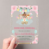 水彩ピンクサーカス動物の誕生日パーティー アクリル招待状 (インサイチュ (ポータブル))