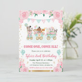 水彩ピンクサーカス動物の誕生日パーティー 招待状 (スタンド正面)