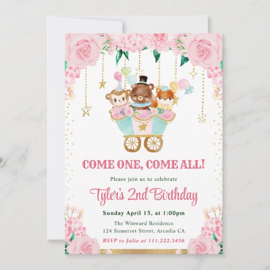 水彩ピンクサーカス動物の誕生日パーティー 招待状 (正面)