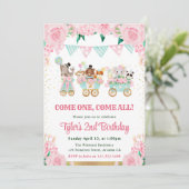 水彩ピンクサーカス動物の誕生日パーティー 招待状 (スタンド正面)