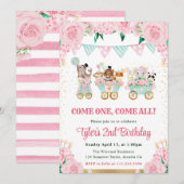 水彩ピンクサーカス動物の誕生日パーティー 招待状 (正面/裏面)