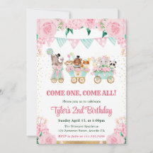 水彩ピンクサーカス動物の誕生日パーティー