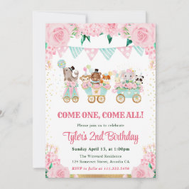 水彩ピンクサーカス動物の誕生日パーティー 招待状