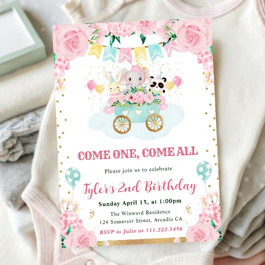 水彩ピンクサーカス動物の誕生日パーティー 招待状