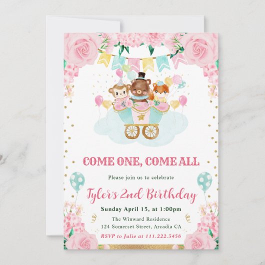 水彩ピンクサーカス動物の誕生日パーティー 招待状 (正面)