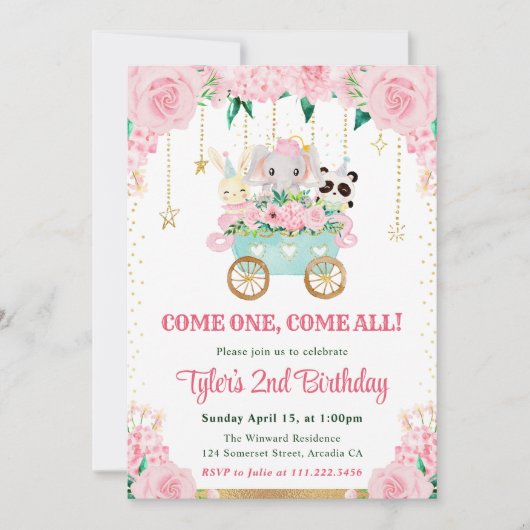 水彩ピンクサーカス動物の誕生日パーティー 招待状 (正面)