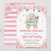 水彩ピンクサーカス動物の誕生日パーティー 招待状 (正面/裏面)