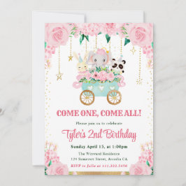 水彩ピンクサーカス動物の誕生日パーティー 招待状