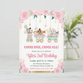 水彩ピンクサーカス動物の誕生日パーティー 招待状 (スタンド正面)