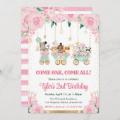 水彩ピンクサーカス動物の誕生日パーティー 招待状 (正面/裏面)