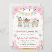 水彩ピンクサーカス動物の誕生日パーティー 招待状 (正面)