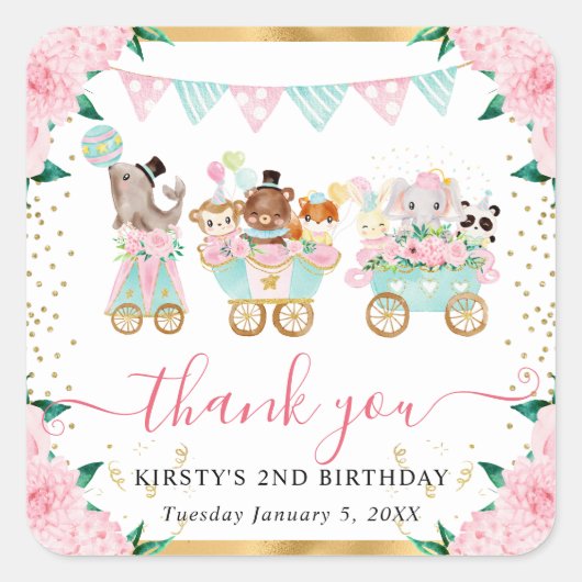 水彩ピンクサーカス動物フローラ誕生日 スクエアシール (正面)