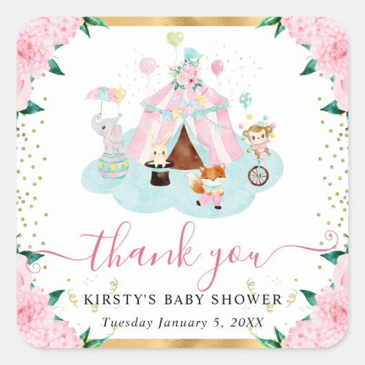 水彩ピンクサーカス動物フローラ赤ちゃんシャワー スクエアシール (正面)