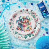 水彩ピンクシャビーシックフローラ誕生日 ペーパープレート (パーティー)