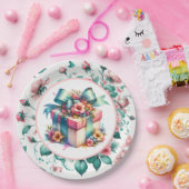 水彩ピンクシャビーシックフローラ誕生日 ペーパープレート (パーティー)