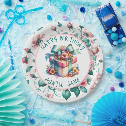 水彩ピンクシャビーシックフローラ パーソナライズされた ペーパープレート (パーティー)