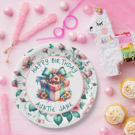 水彩ピンクシャビーシックフローラ パーソナライズされた ペーパープレート (パーティー)