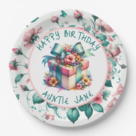 水彩ピンクシャビーシックフローラ パーソナライズされた ペーパープレート (正面)