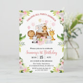 水彩ピンクジャングルアニマル子供の誕生日 招待状 (スタンド正面)