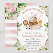 水彩ピンクジャングルアニマル子供の誕生日 招待状 (正面/裏面)