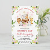 水彩ピンクジャングルアニマル子供の誕生日 招待状 (スタンド正面)