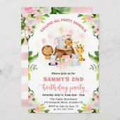 水彩ピンクジャングルアニマル子供の誕生日 招待状 (正面/裏面)