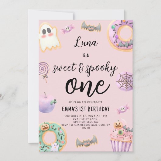 水彩ピンクスウィートと不気味誕生日 招待状 (正面)