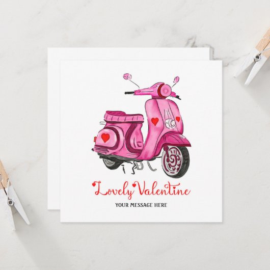 水彩ピンクスクーターバレンタインデーの挨拶 カード (正面/裏面インサイチュ)