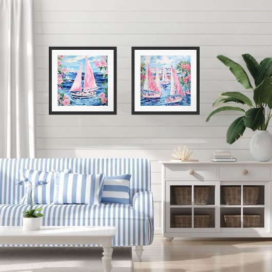 水彩ピンクセーラーボーツ熱帯沿岸広場 ポスター