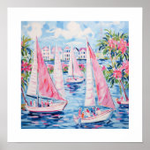 水彩ピンクセーラーボーツ熱帯沿岸広場 ポスター (正面)