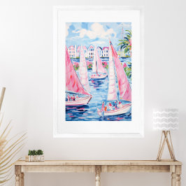 水彩ピンクセーラーボーツ熱帯沿岸 ポスター