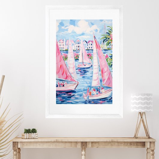 水彩ピンクセーラーボーツ熱帯沿岸 ポスター