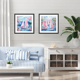 水彩ピンクセーリングボートコースタルブルースクエア ポスター