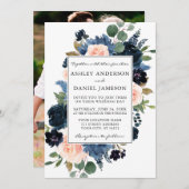 水彩ピンクダスティブルーフローラ写真結婚の 招待状 (正面/裏面)