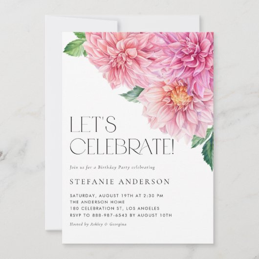 水彩ピンクダリアフローラ誕生日パーティー 招待状 (正面)