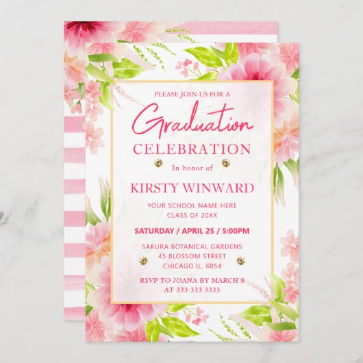 水彩ピンクダリア牡丹の花卒業式 招待状 (正面/裏面)