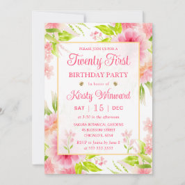 水彩ピンクダリア牡丹の花21歳の誕生日 招待状