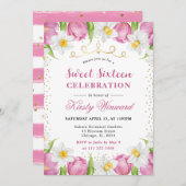 水彩ピンクチューリップとダッフォジルズスウィート16 招待状 (正面/裏面)