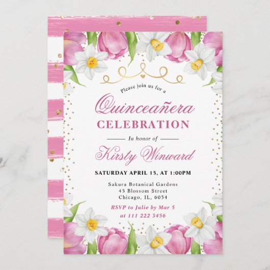 水彩ピンクチューリップとダフォジルキンセアニェラ 招待状 (正面/裏面)