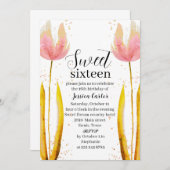 水彩ピンクチューリップフローラスイーツ16 Sixen 招待状 (正面/裏面)